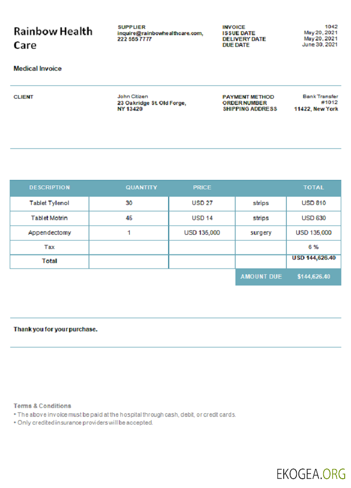 Facture Rainbow Health Care aux États , Unis